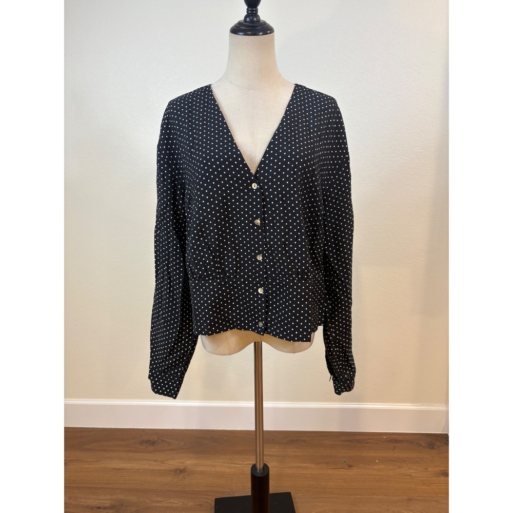 NWT Madewell Polka Dot Top XXL Black Long Sleeve Blouse Minimalist Preppy Chic